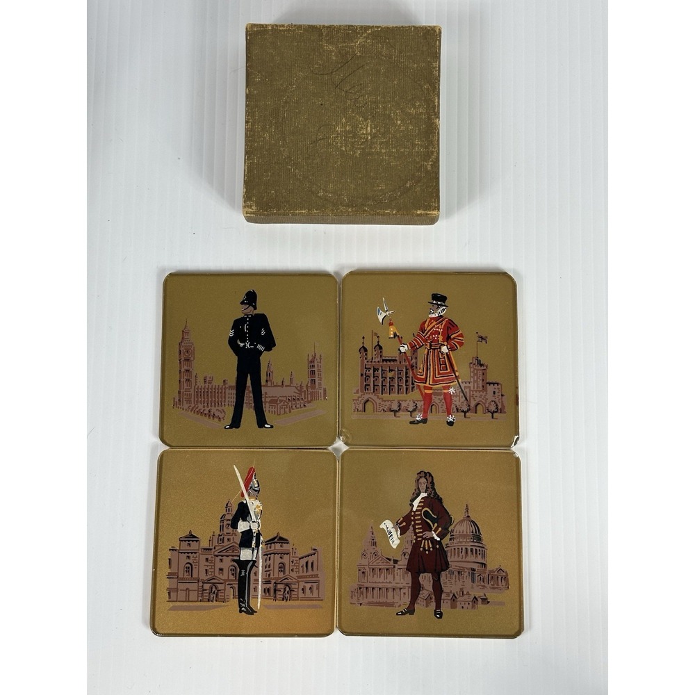 Set 4 Vintage Glass Coasters Original Box British Soldiers